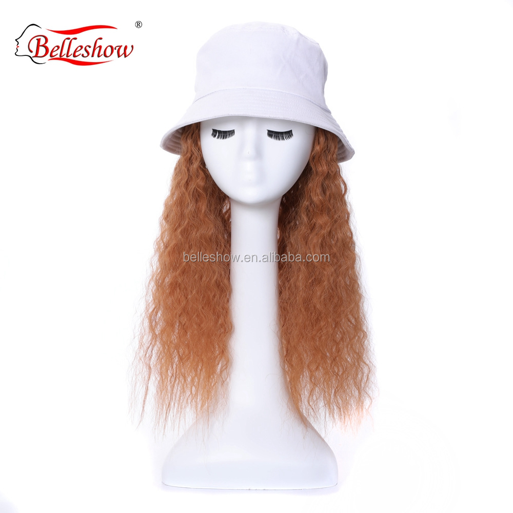 Hot sell fisherman's hat wig wool ring light brown long curly hat wig head set real hair mix black hat human and synthetic hair