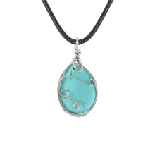 Turquoise 25x35MM Teardrop Pendant (28X50MM) Wrapped Steel Wire Necklace 45CM Black Cord