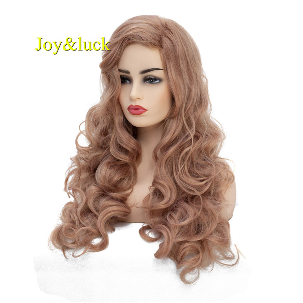 Long Rose Gold Color Natural Wavy Synthetic Wigs for Women or DIY Curly Wigs for Women Wave Hair Style
