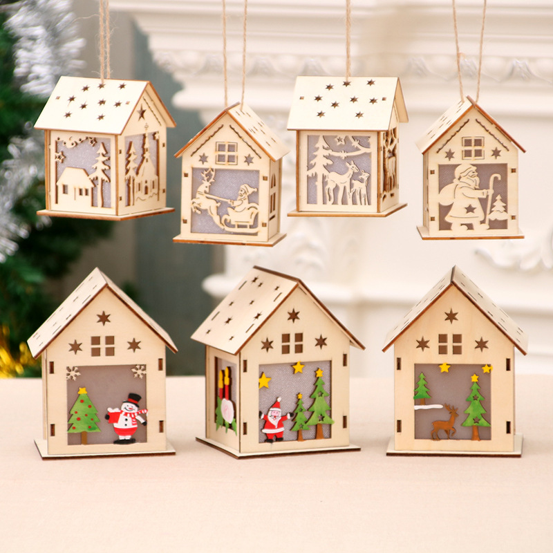 Christmas Decorations Luminous Wooden House Snow House Hotel Bar Christmas Tree Decoration Ornaments DIY Gift Window Decoration
