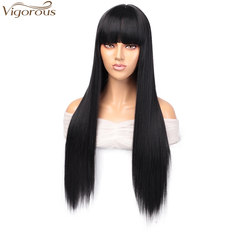 Vigorous Heat Resistant Fiber Lace Front Long Silky Straight Wigs With Bangs Synthetic Black Wigs For Black Women