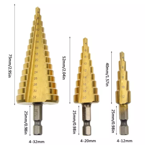 Populära 3st Tin Coated HSS Step Drill Bit Set för metallborrning