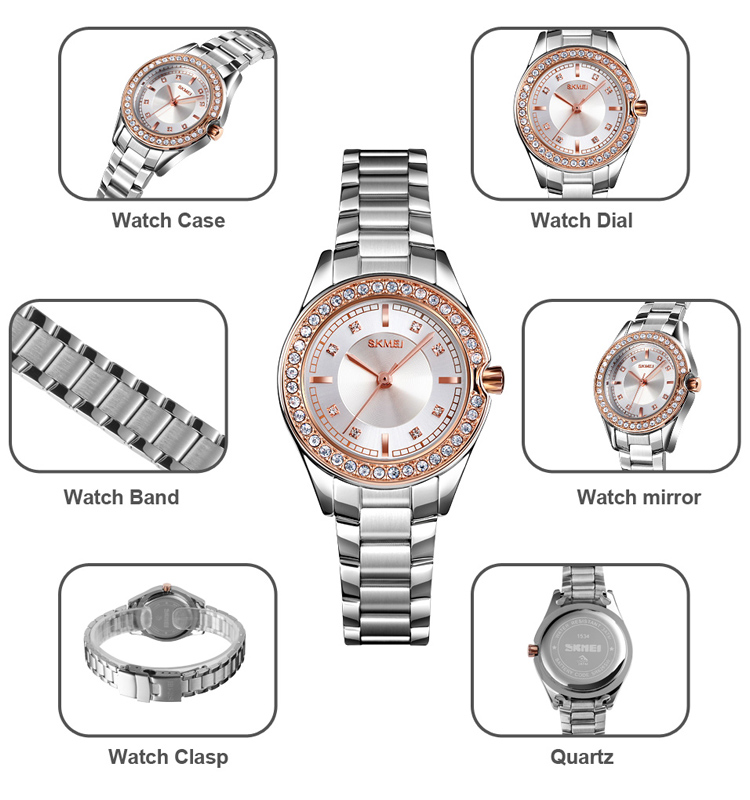 Branded your logo skmei 1534 rose gold women watch quartz lady wristwatch stainless steel strap