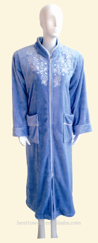 High quality lady's zipper style embroidery flannel robe