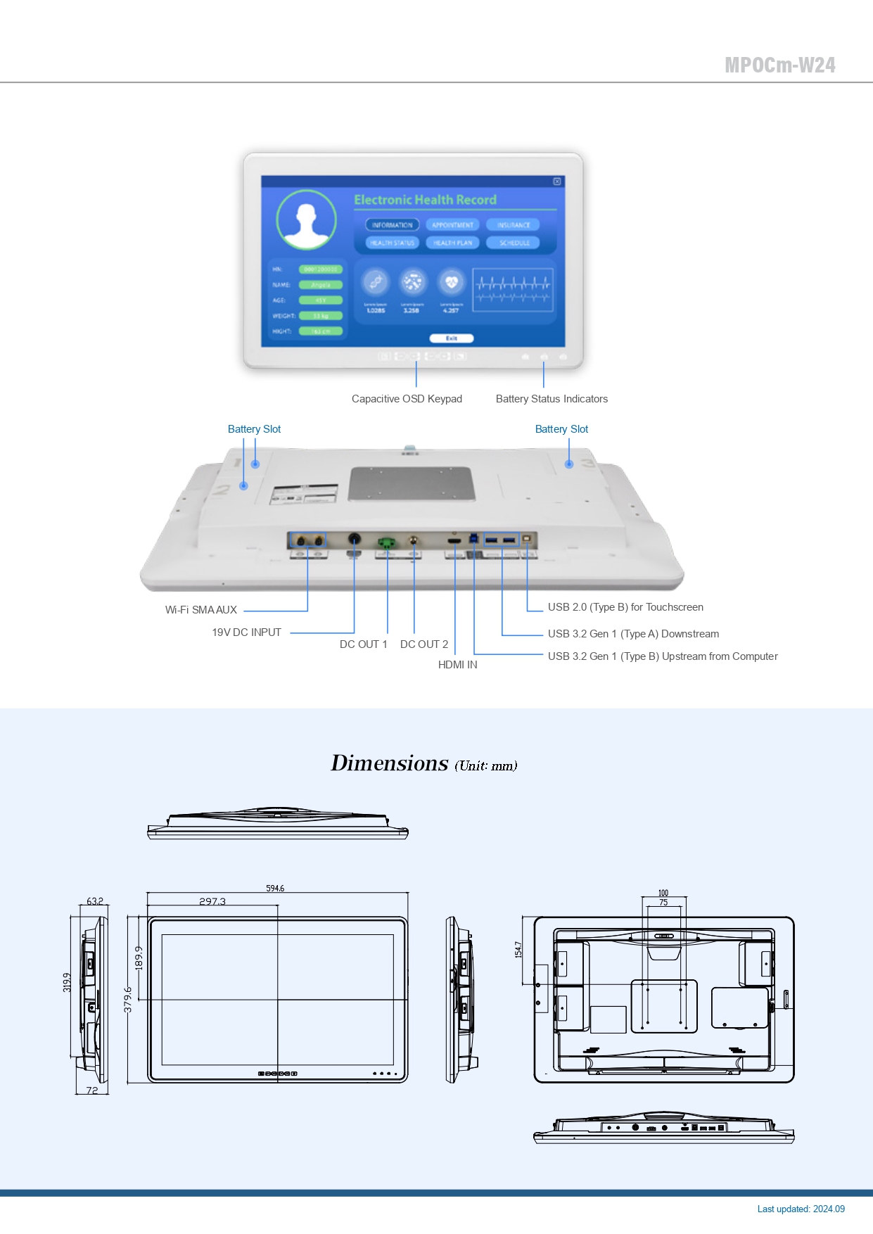 IEI MPOCm-W24 23.8 inch FHD Medical Monitor  IP65 front bezel 10-point PCAP touchscreen  Hot-swappable batteries