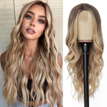 NAYOO Long Ombre Gold Wavy Wig for Women, Middle Part Curly Wavy Hairpiece with Natural Appearance