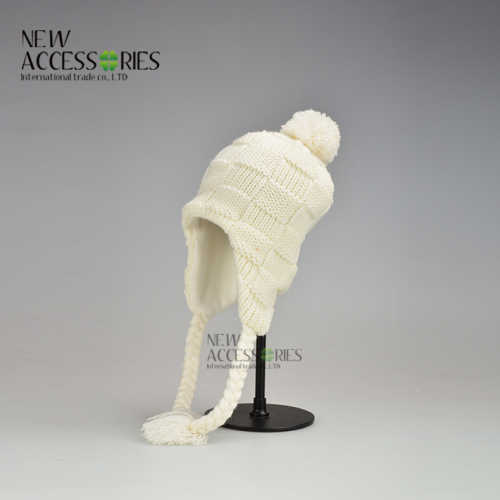 Winter pure white acrylic knitted earflap hat with polar fleece lining
