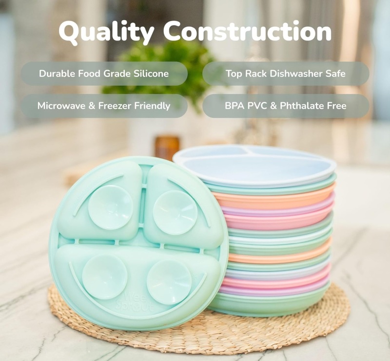 WeeSprout Suction Plates for Babies & Toddlers - 100% Silicone, Dinnerware Stays Put, Divided Design for Picky Eaters, Microwave