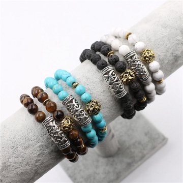 2 piece strands lava stone lion head bead bracelet set for men and women adjustable 8mm beads