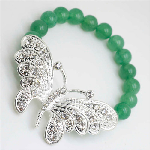 Pulsera de piedras preciosas de aventurina verde con pieza de mariposa grande de aleación Diamante