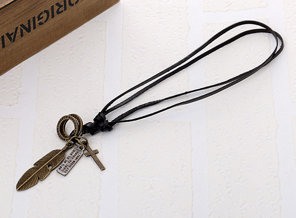 Men Alloy Cross Charm Leather Necklace