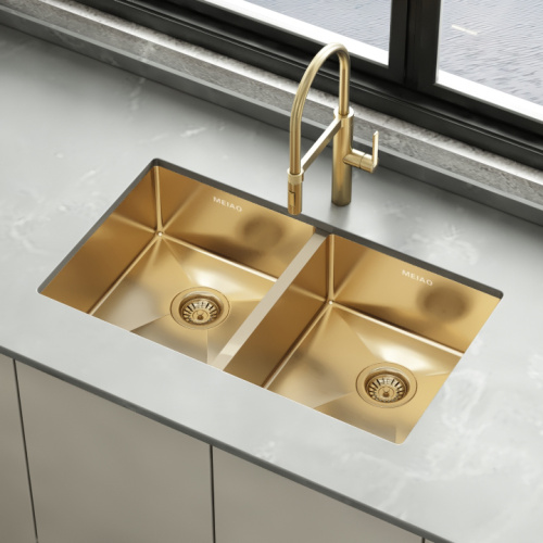 SUS304 Gold Double Bowl Undermount Kitchen Sink