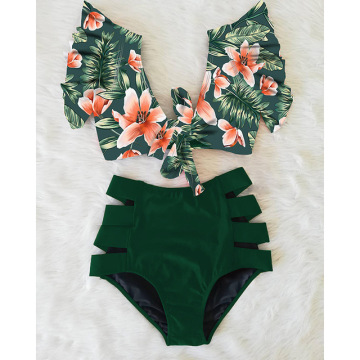 YOUME Double Shoulder Ruffle High Waist Bikini Set