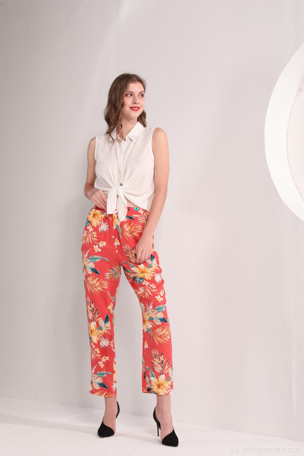 Pantalones de tobillo con estampado floral tropical para mujer