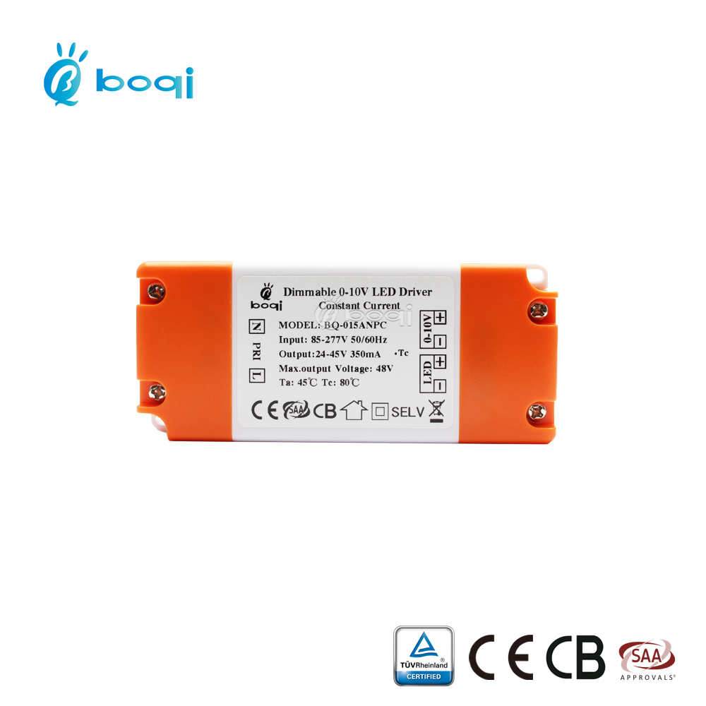 boqi 15W 0-10v dimmable led driver 350ma 10w 11w 12w 13w 14w 15w led driver with CE CB SAA