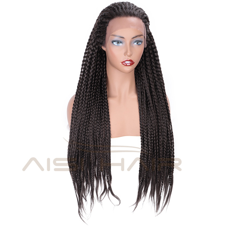 Aisi Hair Heat Resistant Braid Box Lace Front Three Braids Long Wigs Dark Brown Long Lace Front Wigs for Black Women