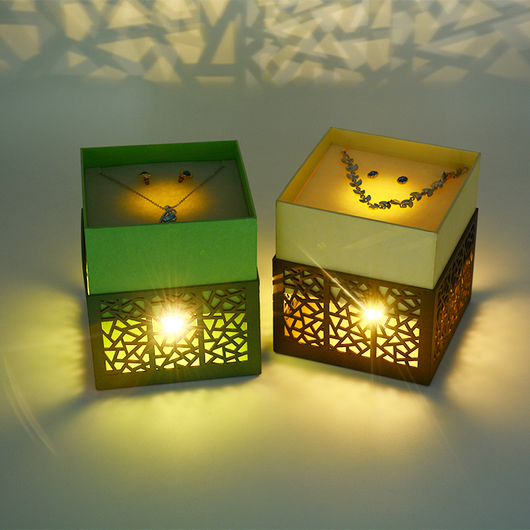 Classically designed square hollow-out cardboard with laser-cut LED light jewelry necklace box