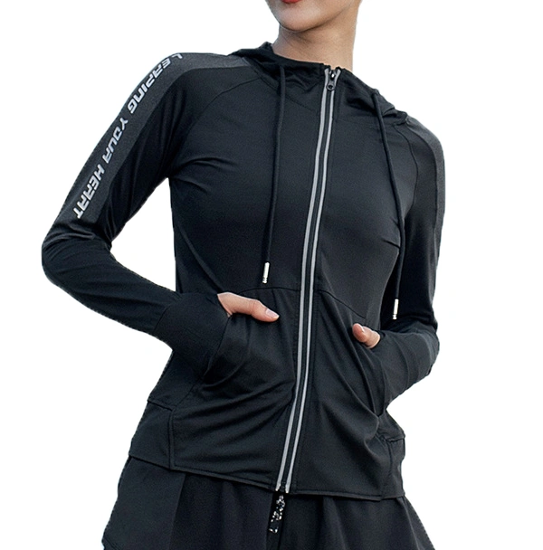 Women's Hooded Long Sleeve Workout Fast Dry Running Sweatshirt Gym Shirt Zipper Jacket Sports Tops