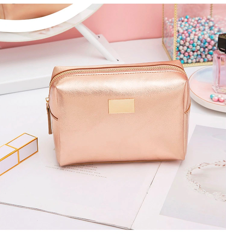 Luxury Modella Small Cross Stripe PU Leather Cosmetic Bag Women, Travel Rose Gold Makeup Bag Custom Private Label Metal Logo