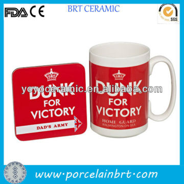 red porcelain mug and coaster set with custom design for promotions