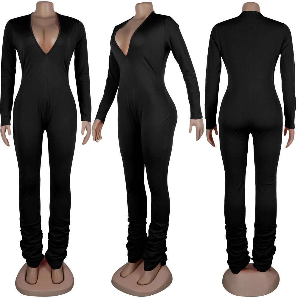 Wholesale Cheap Women Long Sleeve One Piece Stacked Pants Jumpsuit