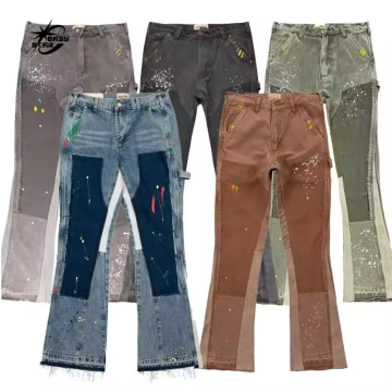 Men's Custom Stacked Flared Jeans: Graffiti Painting Vintage Denim Pants