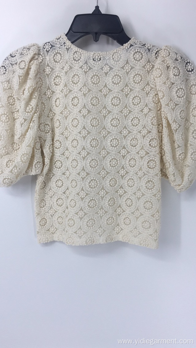 Cream Crochet Bubble Sleeve Top