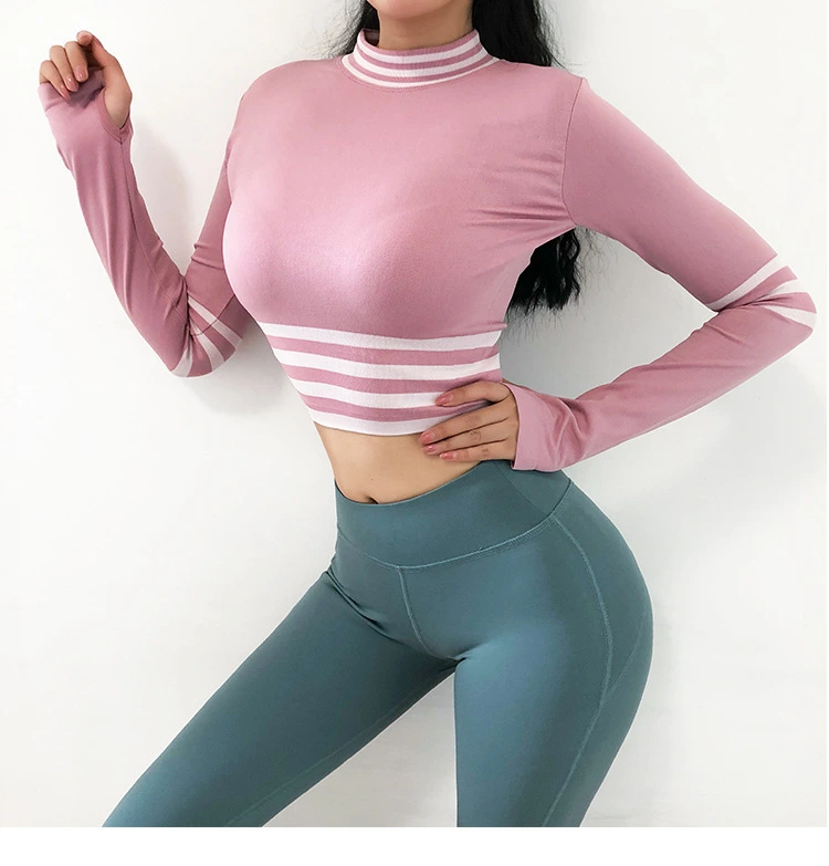 Women Long Sleeve Workout Fitness Clothing Sport Seamless Striped Gym Yoga Crop Top with Thumb Hole