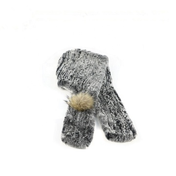 Winter Fur Hat Scarves Female Knitted Rex Rabbit Fur Hooded Scarves Warm Knit Fur Caps Scarf