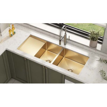 Deheb Sus304 Double Bowl Sink tal-Kċina Bil-Drainboard