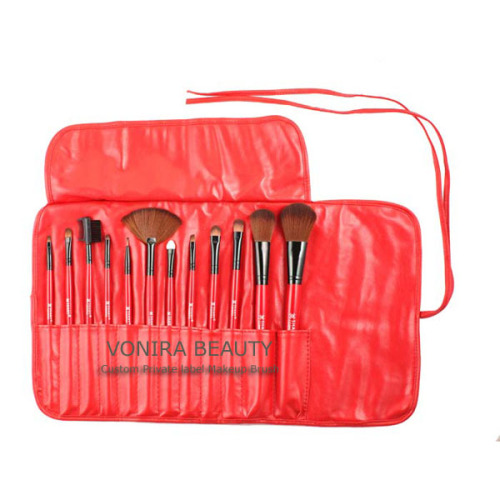 Professional 13-Piece Cosmetic Brush Set with Pouch, Set of 12 Brushes and 1 Pouch, Red