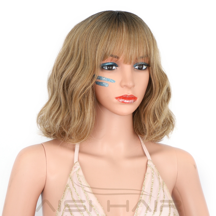 Cosplay Daily Use Wavy Short Bob Neat Bangs Shoulder Length Curly Synthetic Heat Resistant Fiber Ombre Blonde Bob Wig for women