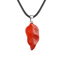 Red Jasper Handmade Craved Leaf Pendant Necklace with 45CM Black Cord