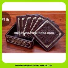 Embossing Company Brand 10*10cm Brown Leather Square Coaster With Coaster Holder 16029