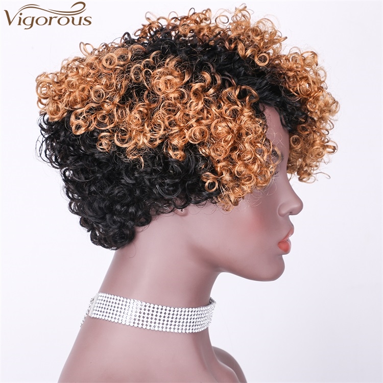 Vigorous Top Quality Ombre Black Roots To Brown Afro Kinky Curly Wigs for Black Women Short Side Part Human Hair Wholesale Price