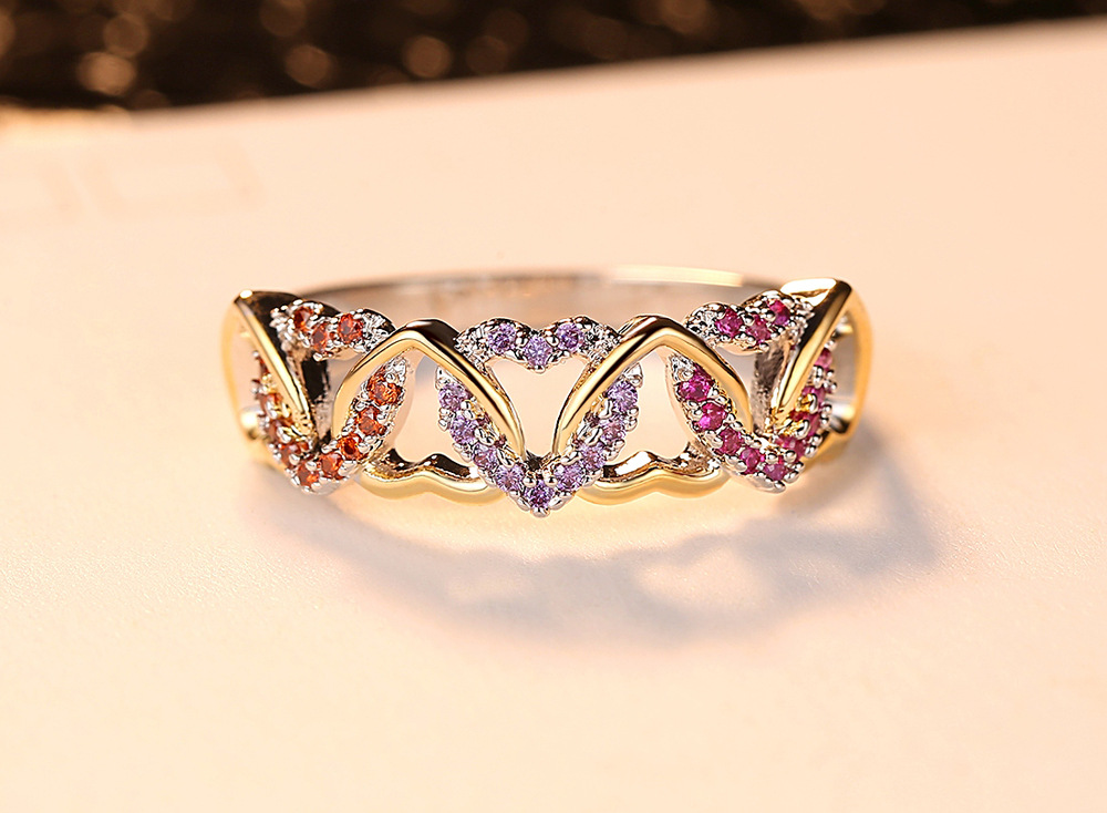 Popular colourful heart ring claw setting zircon heart winding couple ring valentine's day present