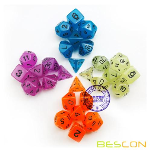 Bescon Polyhedral 7-Die Set: GLOW IN DARK Dice Set in Purple Color