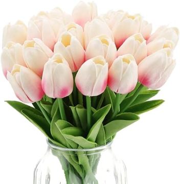 Artificial Tulips - Faux White and Pink Touch Flower Bouquets