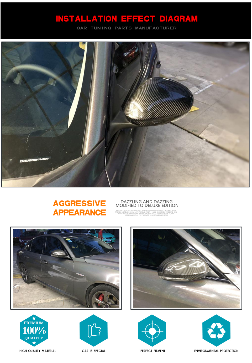 Stick-on Dry Carbon Fiber Car Side Mirror Covers for Alfa Romeo Giulia Quadrifoglio Sedan 4-Door 2015-2018