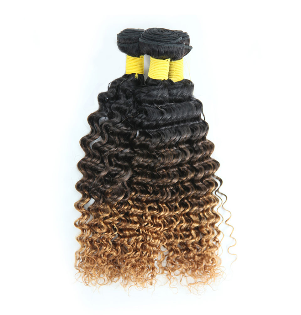 Ombre Brazilian Hair Bundles Deep Wave With Closure, Sew In Human Hair Weave Ombre Hair Weaves Curly