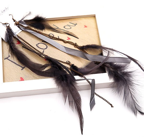 Ribbon Chain Long Feather Earrings