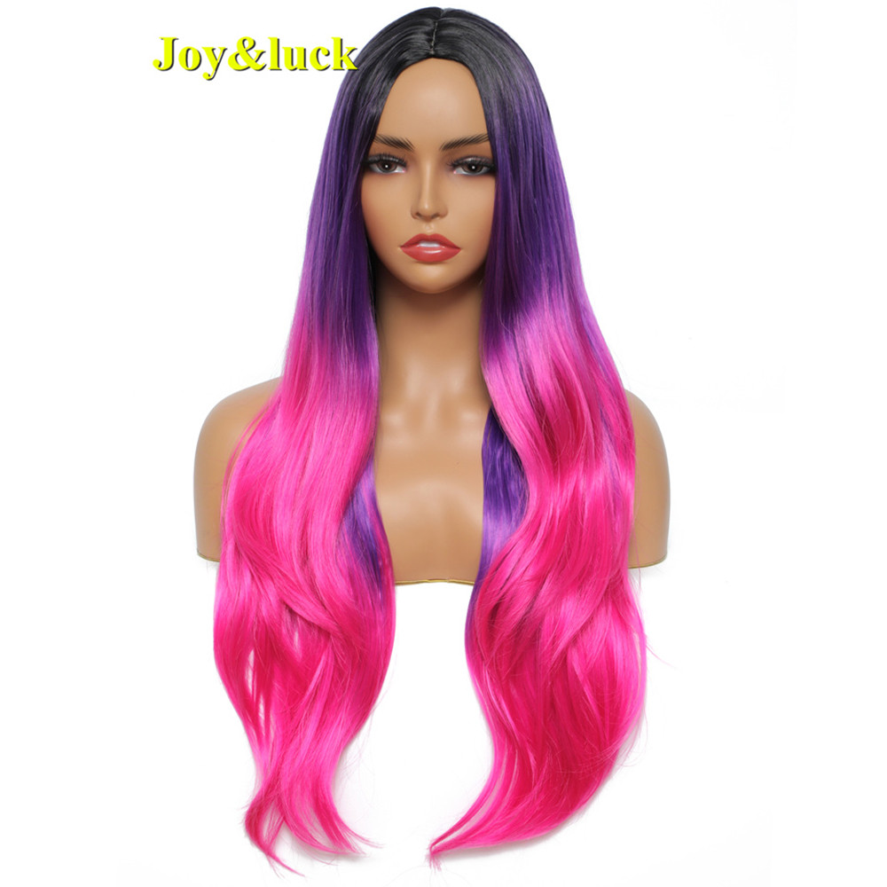 Long Natural Wavy Wig for Women Middle Part Daily Hair or Halloween Party Cosplay Wig Black Ombre Purple Synthetic Hair Wigs