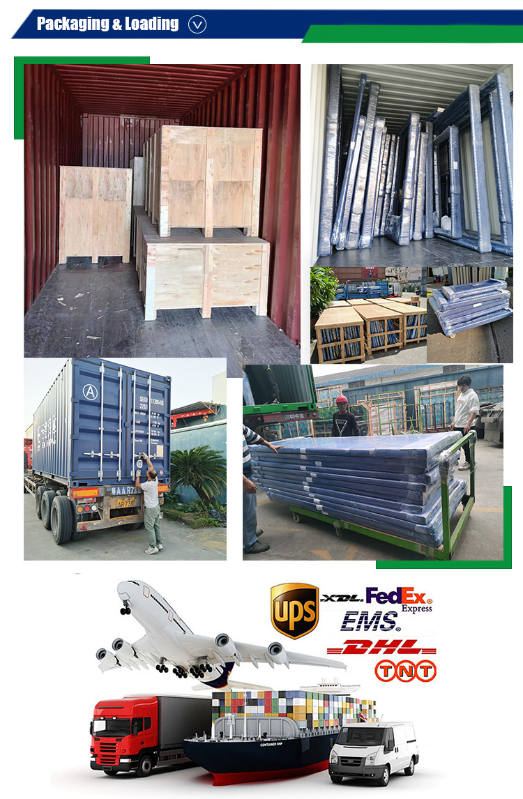 JBD HOME secure packaging and global shipping — aluminum doors & windows packed in wooden crates or protective film, loaded into containers, and shipped worldwide via UPS, FedEx, DHL, EMS, TNT for reliable B2B delivery.