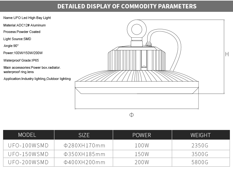 KCD good quality die cast aluminum 100w 150w 200w led ufo highbay light housing