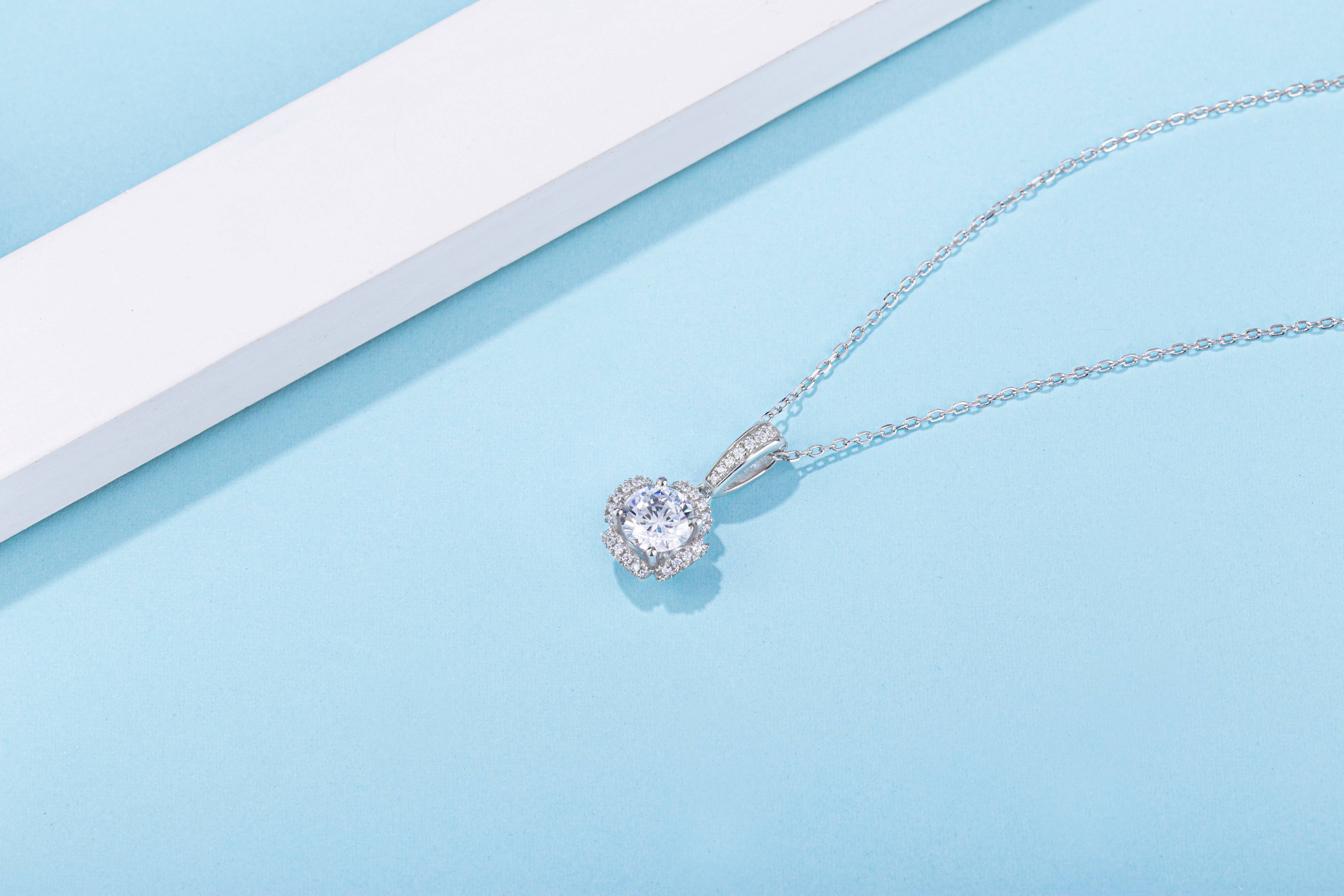 Vintage Luxury 925 Sterling Silver Large Moissanite Diamond Pendant Engagement Round Gemstone Setting Wedding Party Necklace