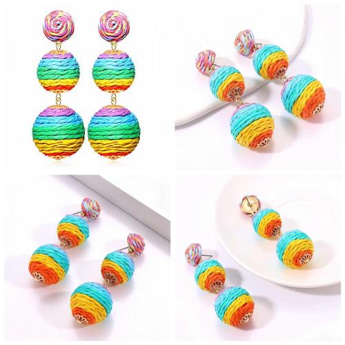 Raffia Ball Earrings Stud for Women Handmade Rattan Dangle Drop Ear Summer Beach Long Jewelry Holiday Accessory Gifts