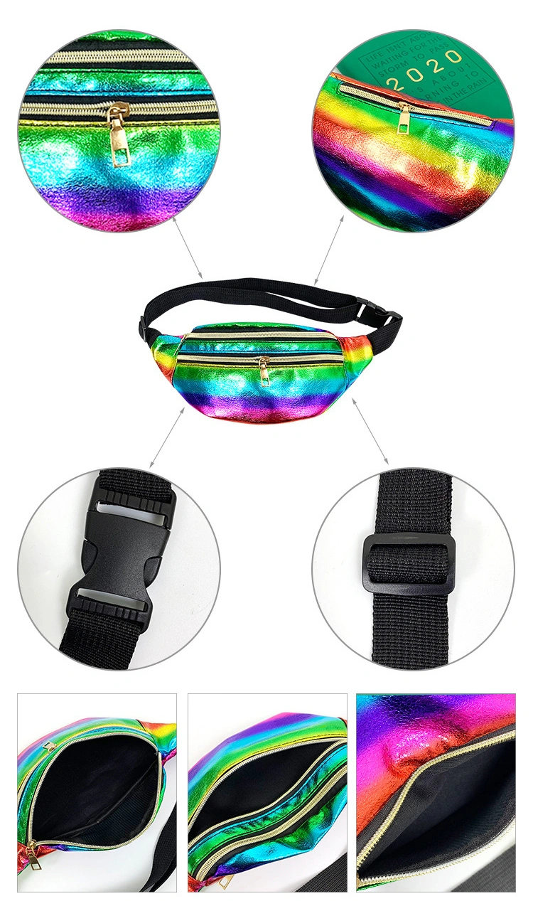 Custom Logo Fashion Women Ladies Waterproof Neon Bum Bags Colorful PU Leather Holographic Fanny Pack Sports Gym Running Waist Bag for Rave