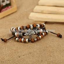 Cheap Factory Price Leather Bracelets Antique Silver Cross Charm Wood Beads Ankle Bracelets