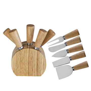 Stainless Steel Cheese Knives and Oak Wood Holder Set for Charcuterie Board & Cheese Spread