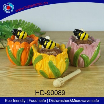Flower design&Bee shapaed ceramic honey canister,ceramic honey pot,honey jar